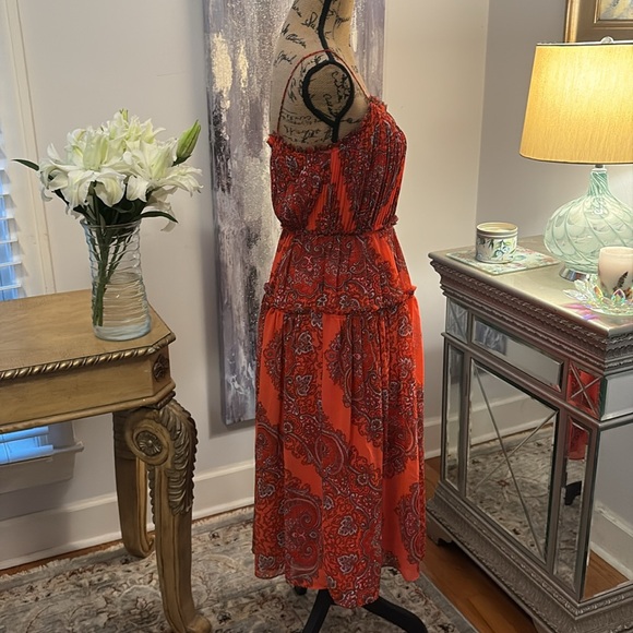 Banana Republic red paisley pleated ruffle midi wedding guest summer sundress 2 - Picture 4 of 8